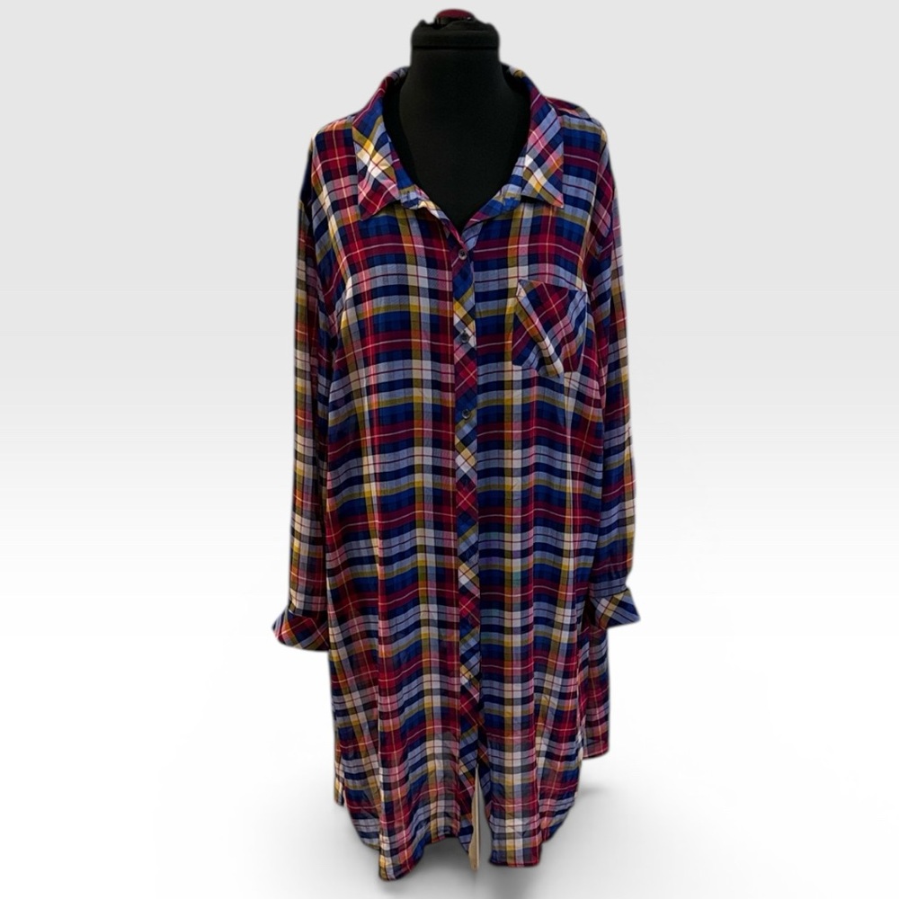 Catherines Pink, Red & Blue Plaid Button-Up Sheer Shirt Dress Duster Top